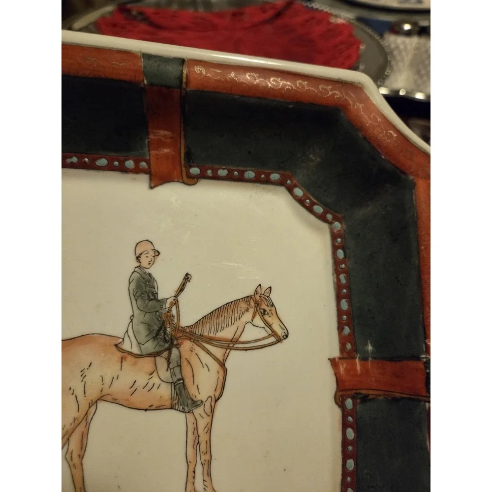 vintage Japanese Kutani equestrian dish features a hand-painted horse and rider
